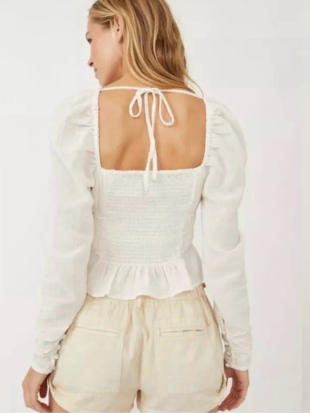 Free People White Long-Sleeve Smocked Peplum Top